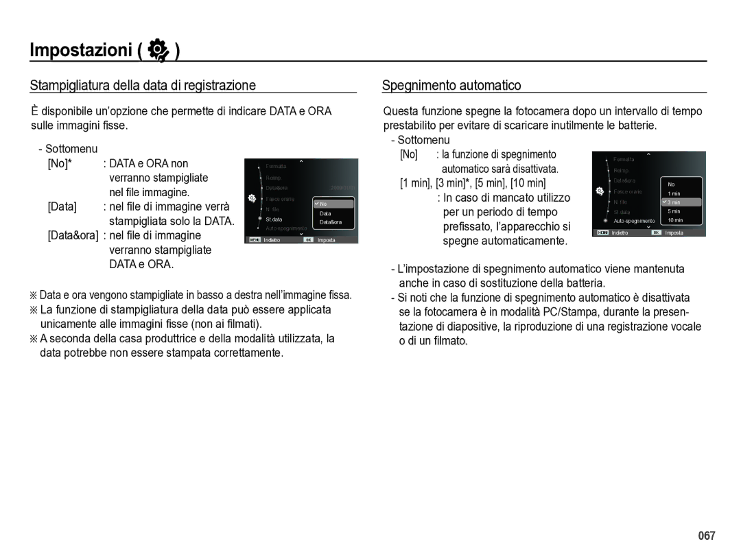 Samsung EC-WB5000BPBIT manual Stampigliatura della data di registrazione, Spegnimento automatico 