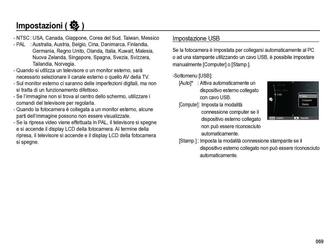 Samsung EC-WB5000BPBIT manual Impostazione USB, Sottomenu USB, Con cavo USB, Computer Imposta la modalità 