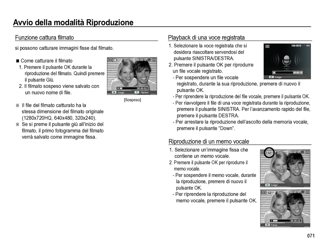 Samsung EC-WB5000BPBIT manual Funzione cattura filmato, Playback di una voce registrata, Riproduzione di un memo vocale 