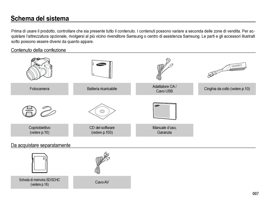 Samsung EC-WB5000BPBIT manual Schema del sistema, Contenuto della confezione, Da acquistare separatamente 