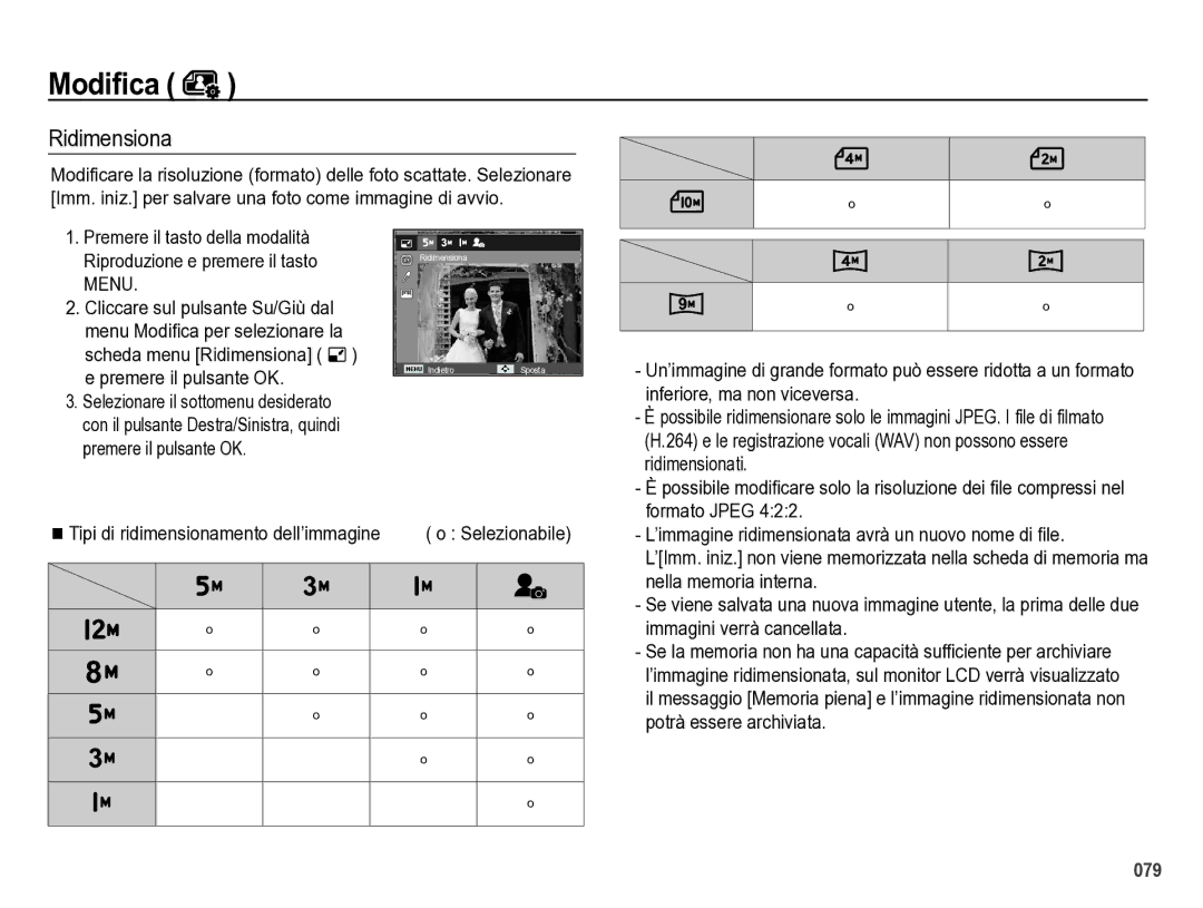 Samsung EC-WB5000BPBIT manual Modiﬁca, Ridimensiona 