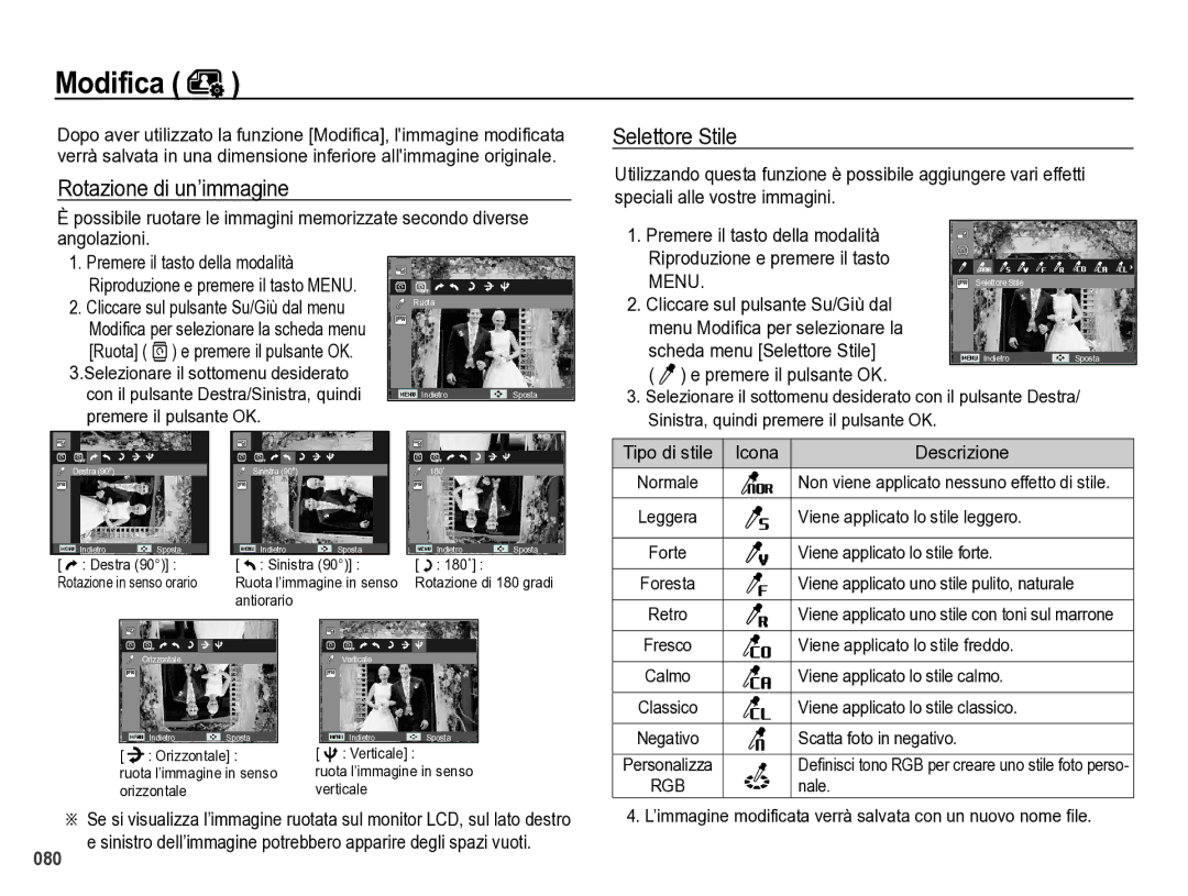 Samsung EC-WB5000BPBIT manual Modifica, Rotazione di un’immagine Selettore Stile, Premere il pulsante OK, Nale 