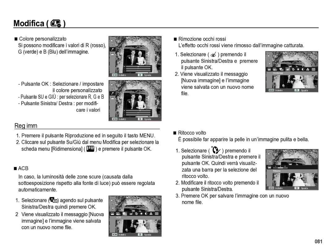 Samsung EC-WB5000BPBIT manual Colore personalizzato, File, Selezionare premendo il, Modificare il ritocco volto premendo il 