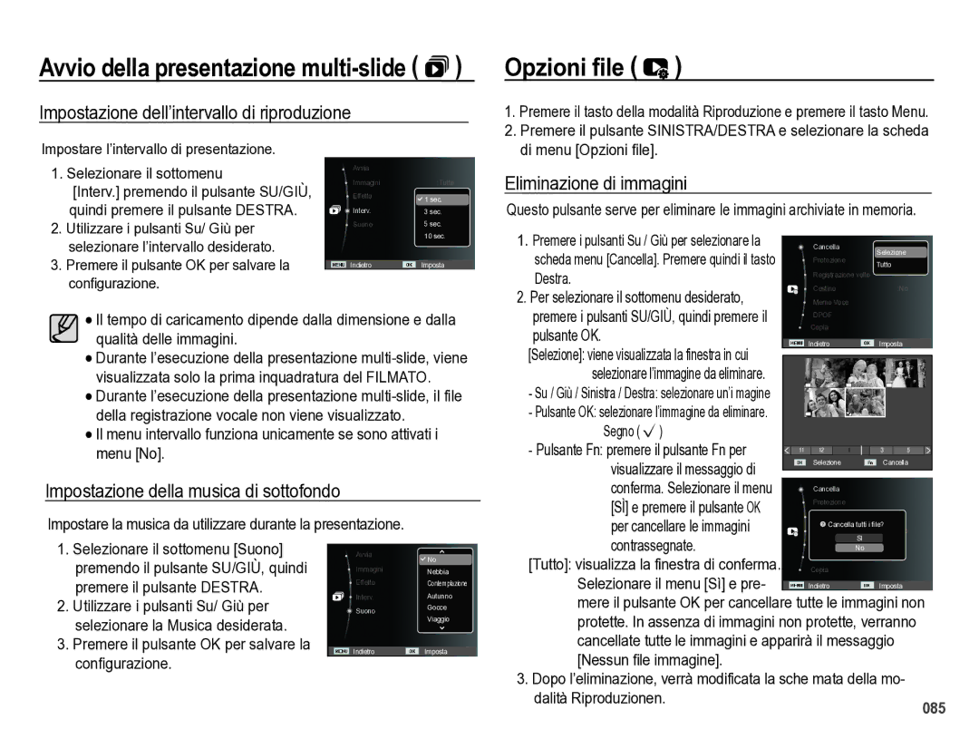 Samsung EC-WB5000BPBIT manual Opzioni ﬁle, Impostazione dell’intervallo di riproduzione, Eliminazione di immagini 