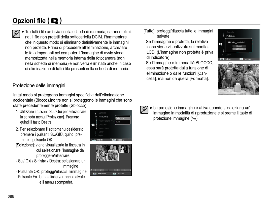 Samsung EC-WB5000BPBIT manual Opzioni file, Protezione delle immagini, Tutto proteggi/rilascia tutte le immagini salvate 