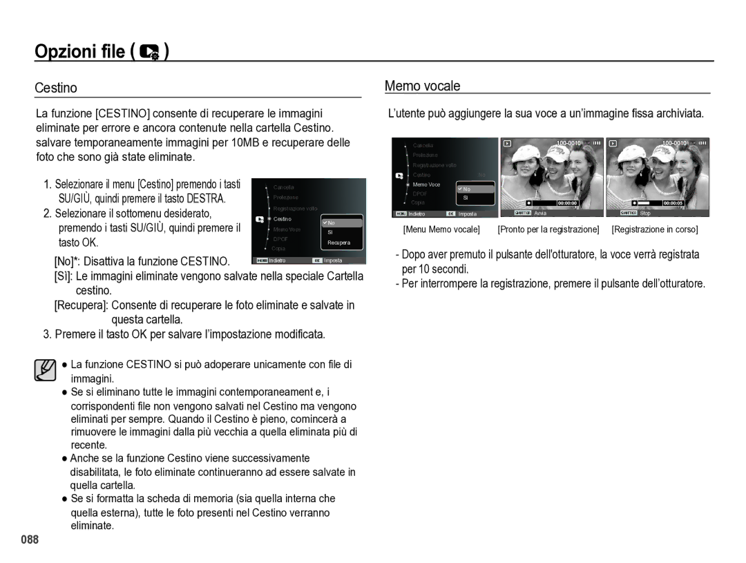 Samsung EC-WB5000BPBIT manual Tasto OK, No* Disattiva la funzione Cestino, Per 10 secondi 