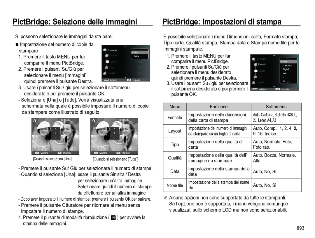 Samsung EC-WB5000BPBIT manual PictBridge Selezione delle immagini, PictBridge Impostazioni di stampa 