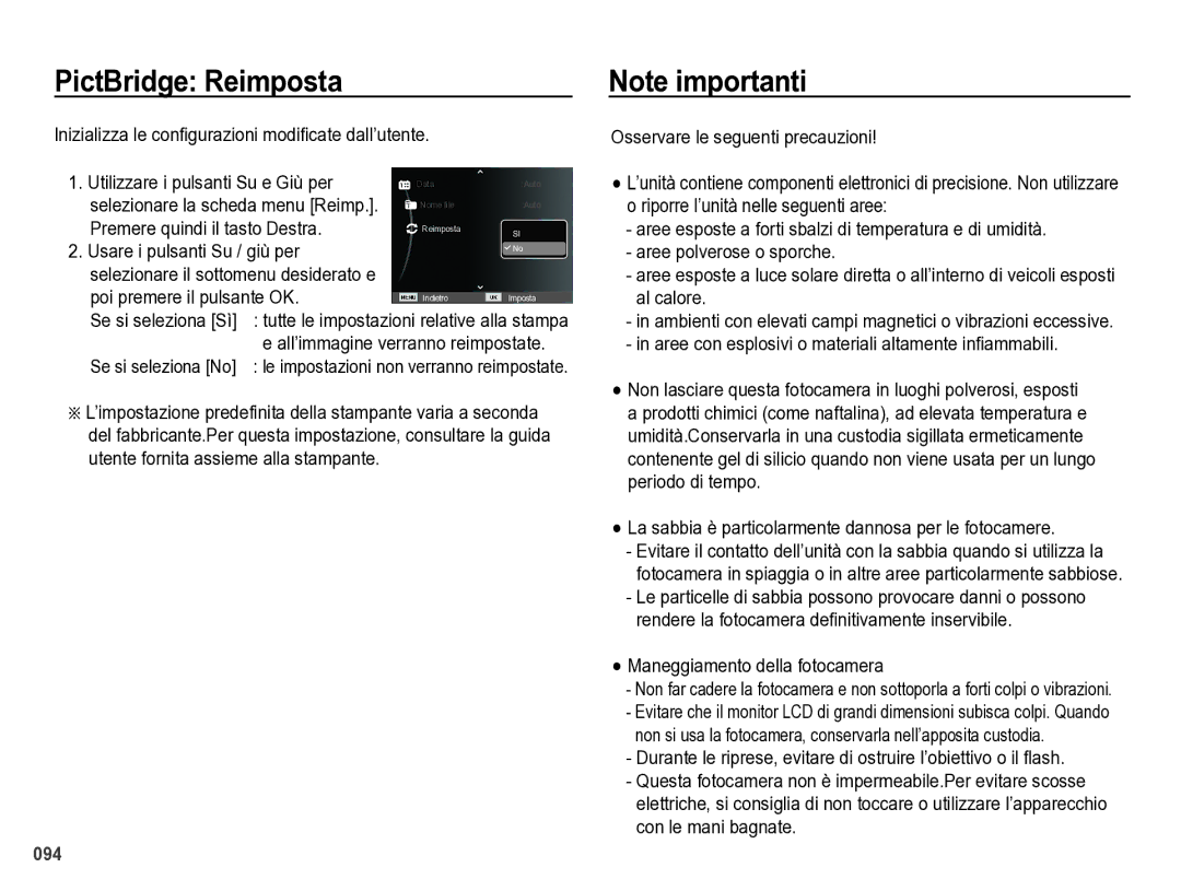 Samsung EC-WB5000BPBIT manual PictBridge Reimposta, Utilizzare i pulsanti Su e Giù per, Usare i pulsanti Su / giù per 