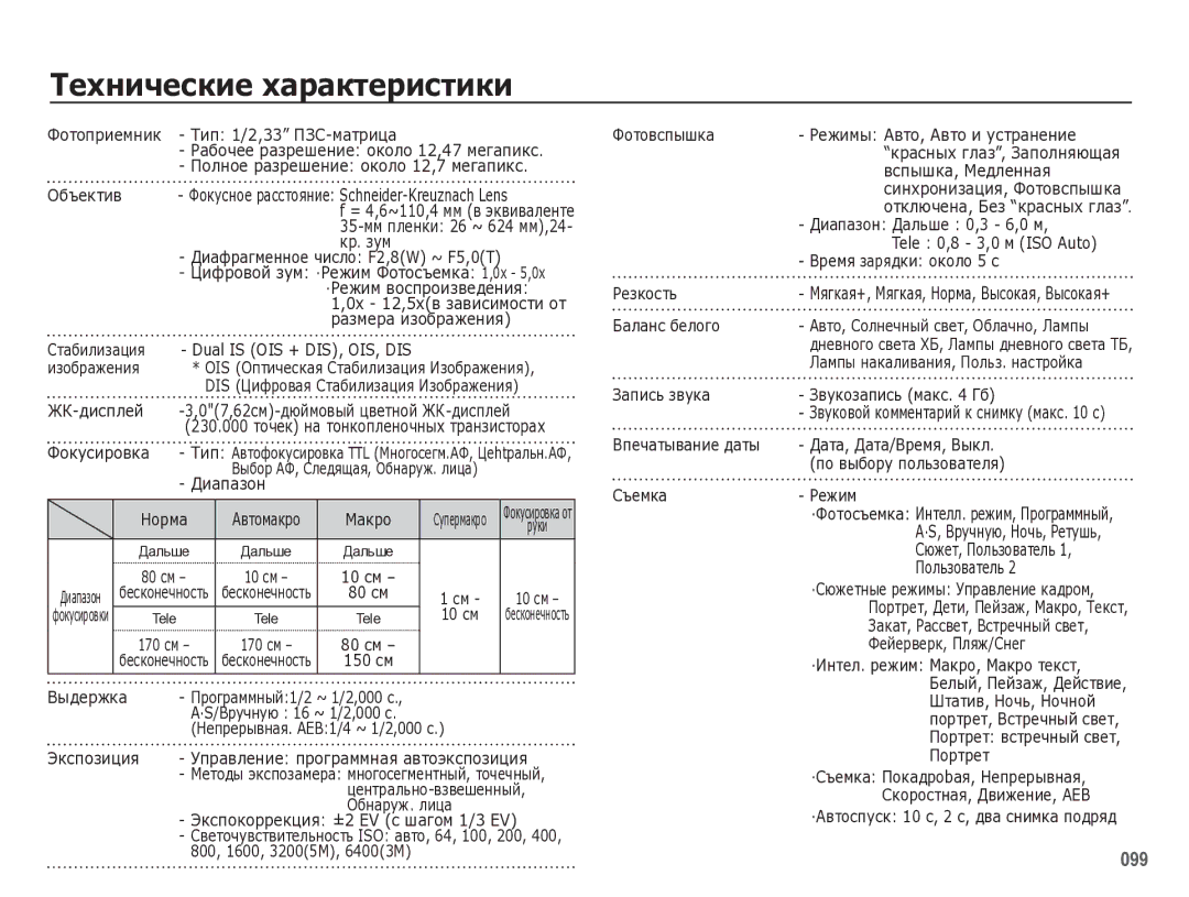 Samsung EC-WB5000BPBRU manual Технические характеристики 