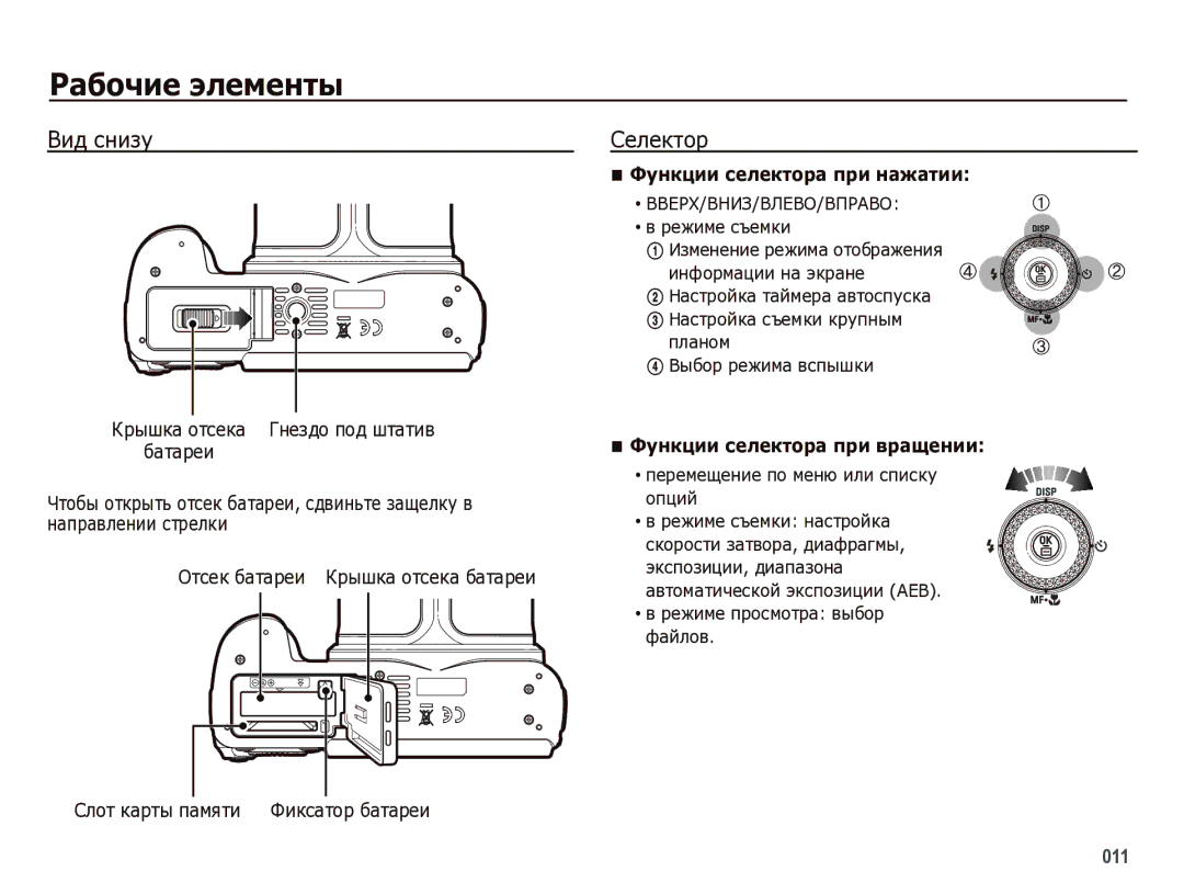 Samsung EC-WB5000BPBRU manual Вид снизу, Селектор, Режиме съемки, Перемещение по меню или списку Опций 