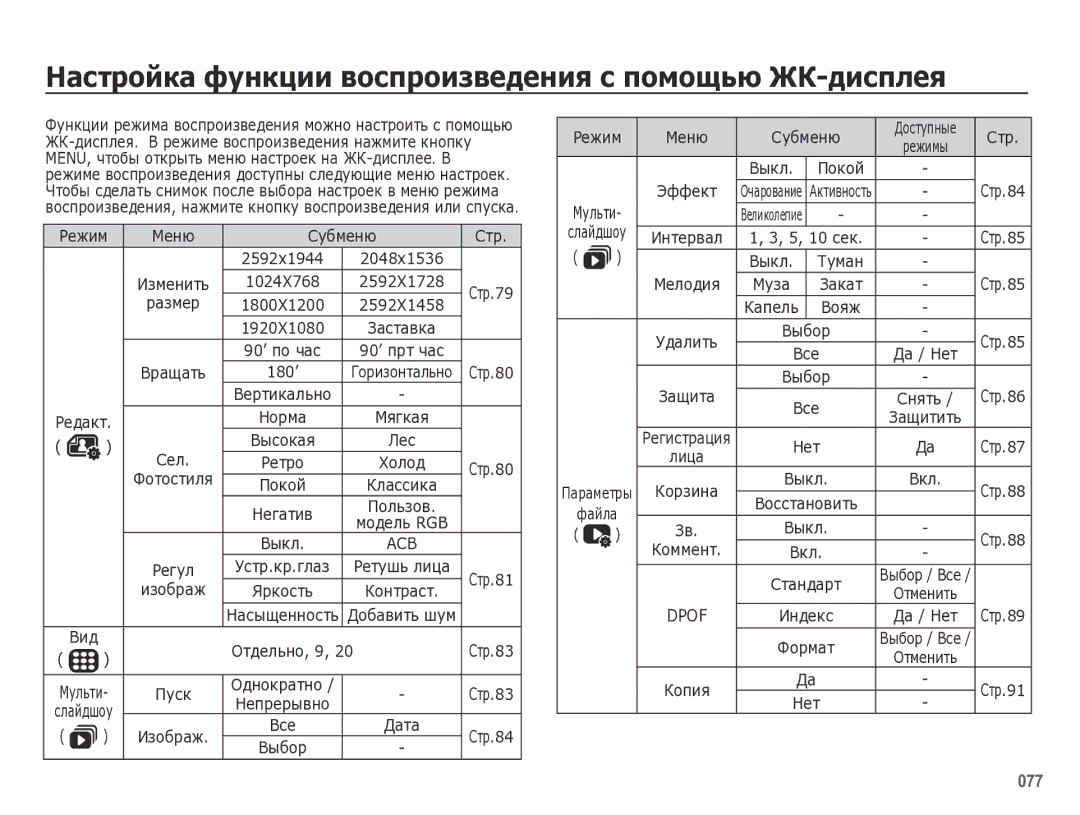 Samsung EC-WB5000BPBRU manual Настройка функции воспроизведения с помощью ЖК-дисплея 