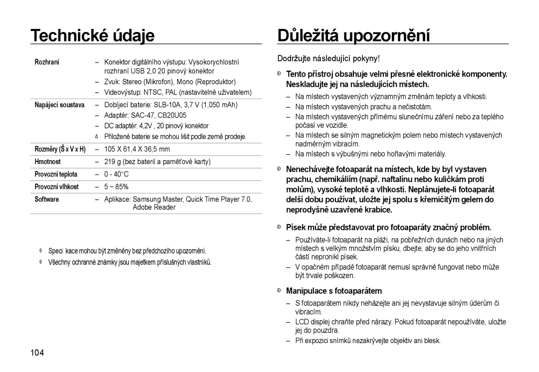 Samsung EC-WB500BBP/E3, EC-WB500ABP/E3 Důležitá upozornění, Dodržujte následující pokyny, Manipulace s fotoaparátem, 104 