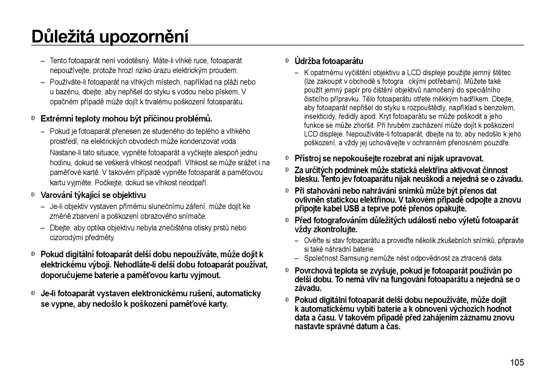 Samsung EC-WB500ABP/E3 Extrémní teploty mohou být příčinou problémů, Varování týkající se objektivu, Údržba fotoaparátu 