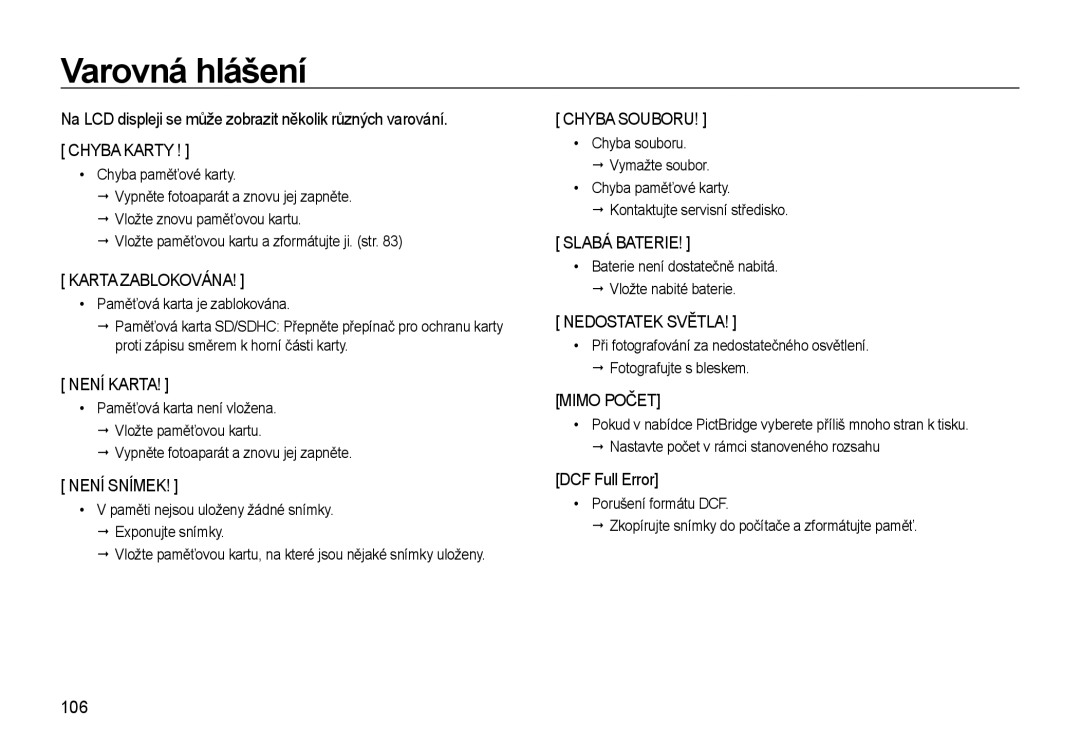 Samsung EC-WB500BBP/E3, EC-WB500ABP/E3 manual Varovná hlášení, DCF Full Error, 106 