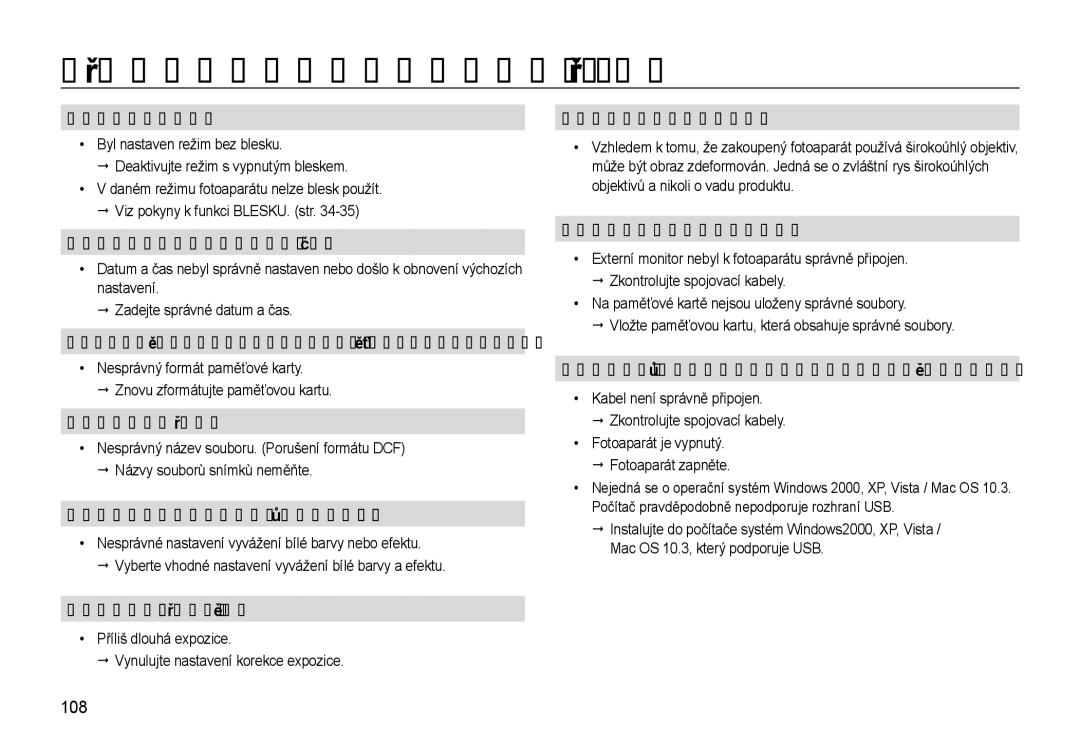 Samsung EC-WB500BBP/E3, EC-WB500ABP/E3 manual Neodpaluje se blesk, Zobrazuje se nesprávné datum a čas, Snímky nelze přehrát 