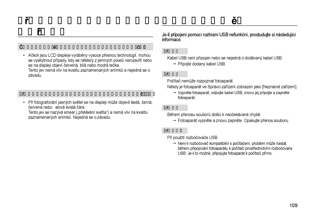 Samsung EC-WB500ABP/E3, EC-WB500BBP/E3 manual Dříve než kontaktujete servis- ní středisko, Otázky a odpovědi, 109, Případ 