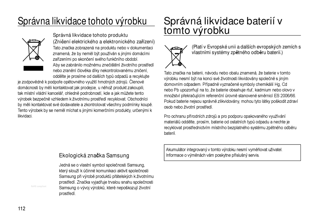 Samsung EC-WB500BBP/E3 manual Správná likvidace baterií v tomto výrobku, 112, Zařízeními po skončení svého funkčního období 