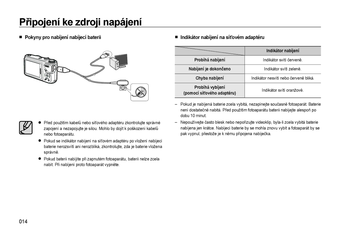 Samsung EC-WB500BBP/E3, EC-WB500ABP/E3 014, Pokyny pro nabíjení nabíjecí baterii, Indikátor nabíjení na síťovém adaptéru 