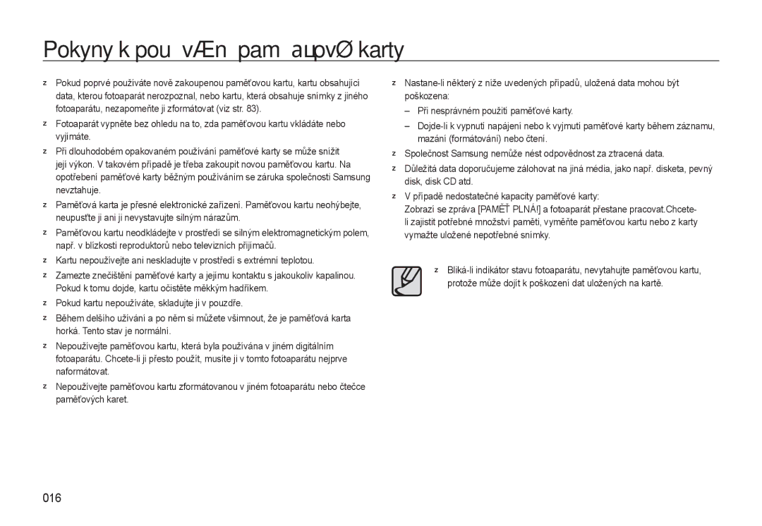 Samsung EC-WB500BBP/E3, EC-WB500ABP/E3 manual Pokyny k používání paměťové karty, 016 