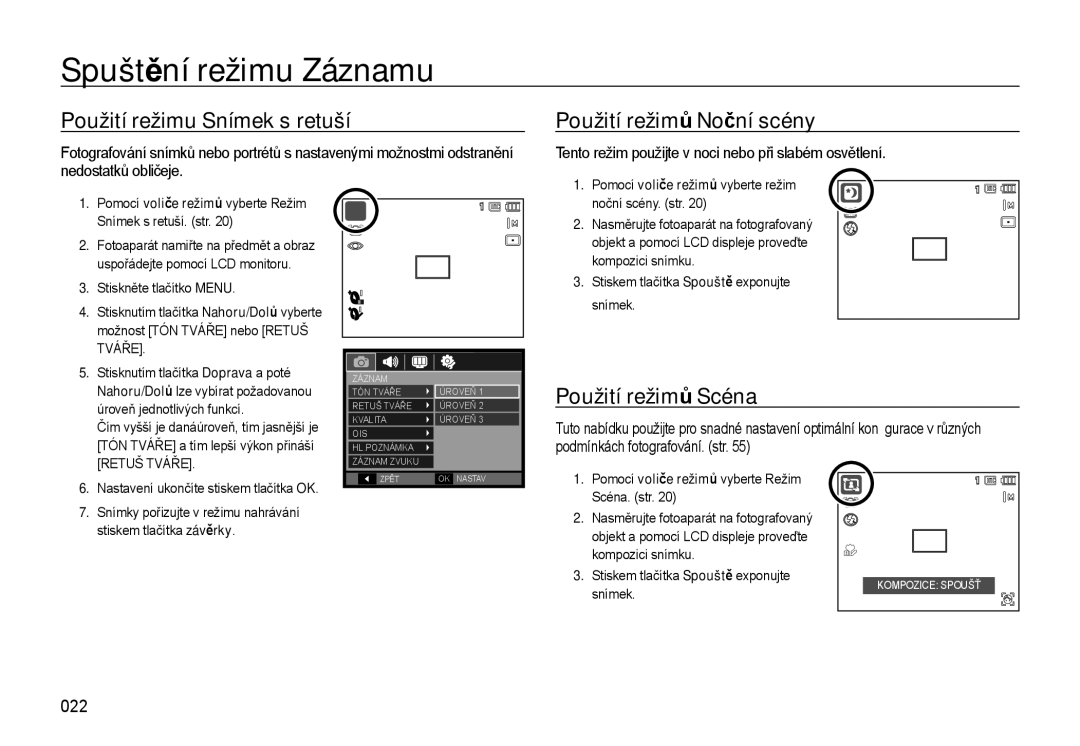 Samsung EC-WB500BBP/E3 022, Noční scény. str, Stiskem tlačítka závěrky, Pomocí voliče režimů vyberte Režim Scéna. str 