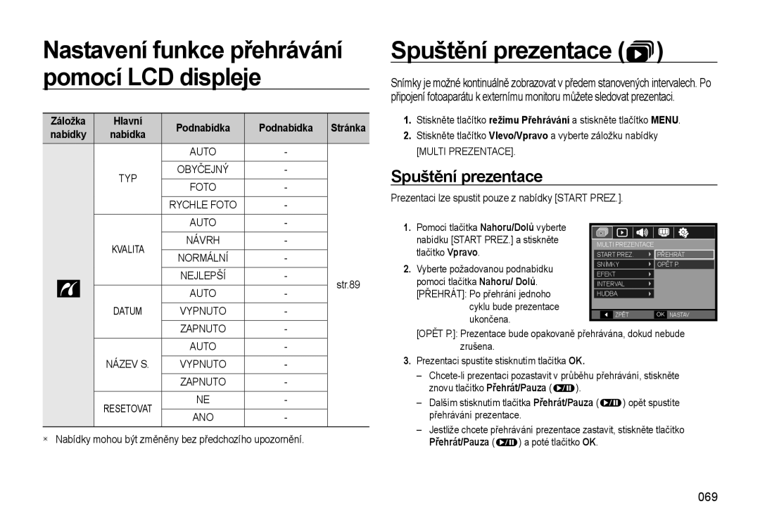 Samsung EC-WB500ABP/E3 Spuštění prezentace, 069, Podnabídka Stránka, Prezentaci lze spustit pouze z nabídky Start Prez 