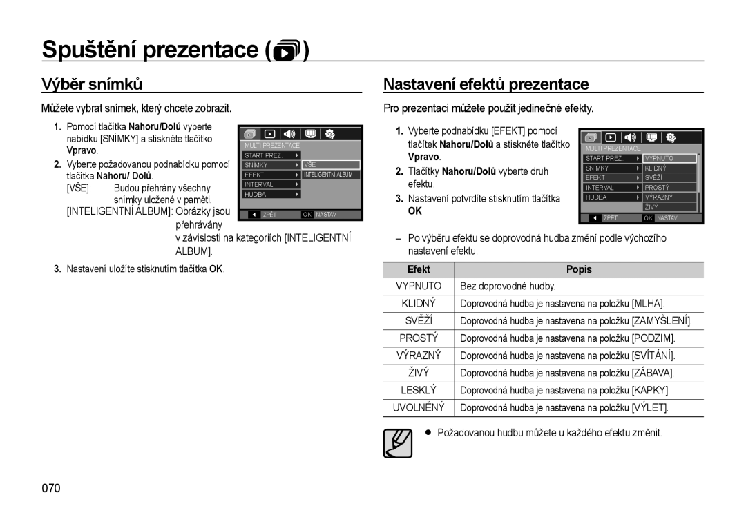 Samsung EC-WB500BBP/E3 manual Výběr snímků Nastavení efektů prezentace, 070, Tlačítky Nahoru/Dolů vyberte druh efektu 