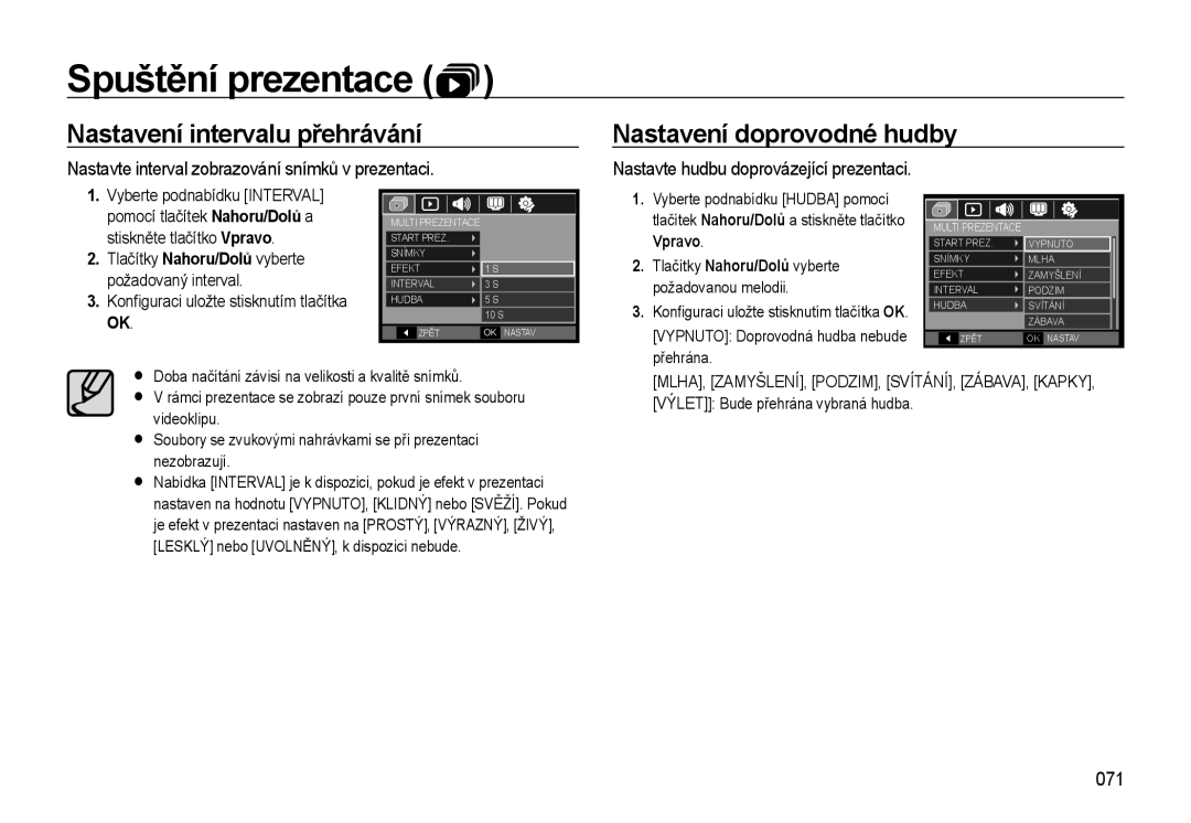 Samsung EC-WB500ABP/E3 Nastavení intervalu přehrávání, Nastavení doprovodné hudby, Nastavte hudbu doprovázející prezentaci 