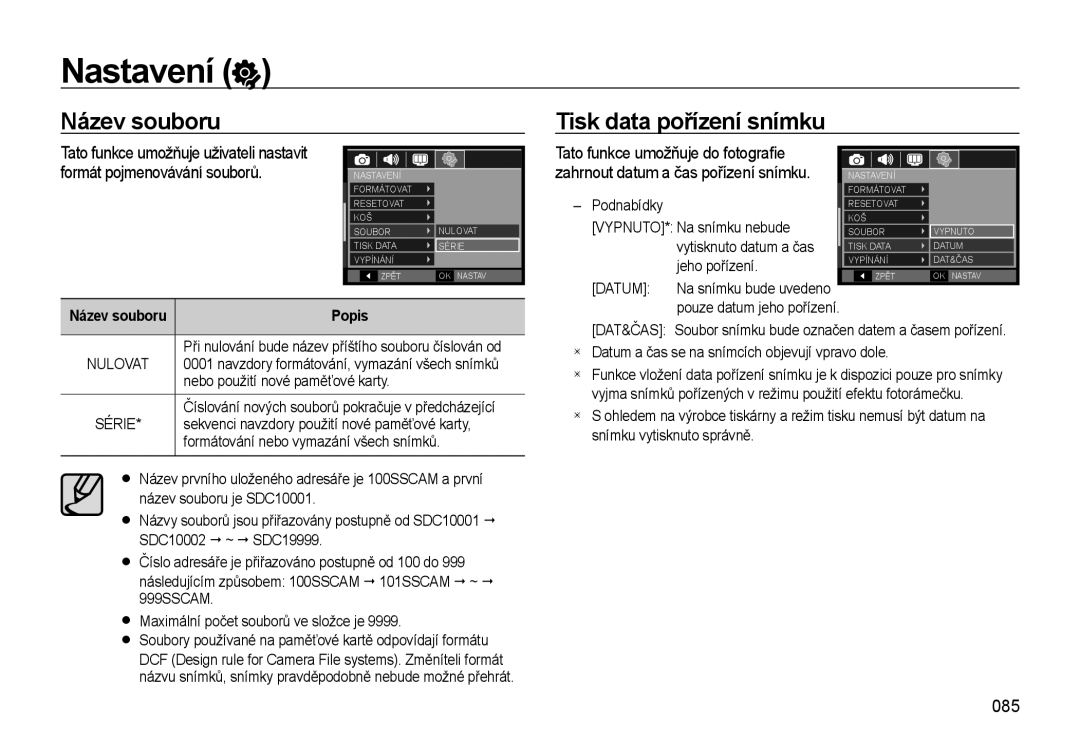 Samsung EC-WB500ABP/E3, EC-WB500BBP/E3 manual Název souboru Tisk data pořízení snímku, 085 