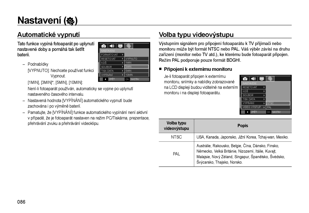 Samsung EC-WB500BBP/E3, EC-WB500ABP/E3 Automatické vypnutí Volba typu videovýstupu, 086, Připojení k externímu monitoru 