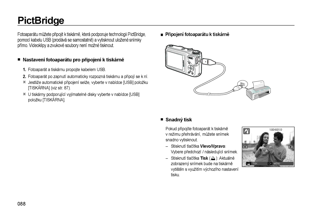 Samsung EC-WB500BBP/E3, EC-WB500ABP/E3 manual PictBridge, Nastavení fotoaparátu pro připojení k tiskárně, 088 