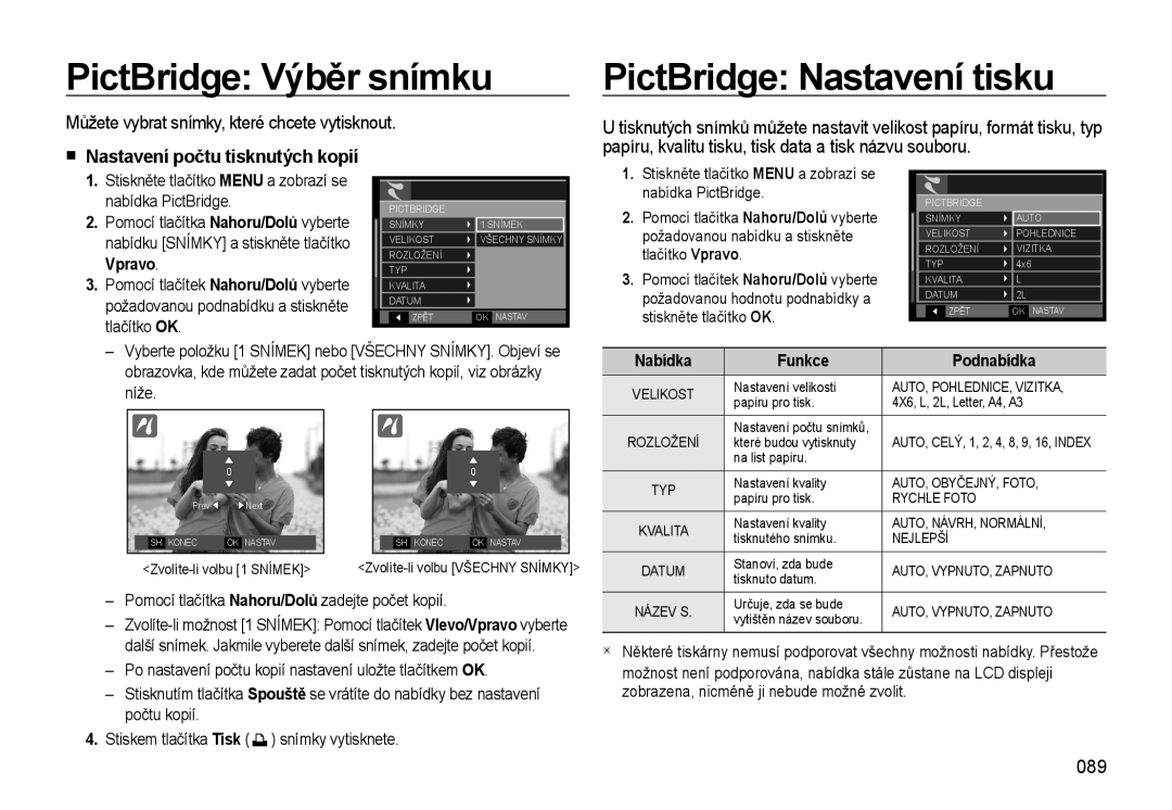 Samsung EC-WB500ABP/E3 PictBridge Výběr snímku, PictBridge Nastavení tisku, Můžete vybrat snímky, které chcete vytisknout 