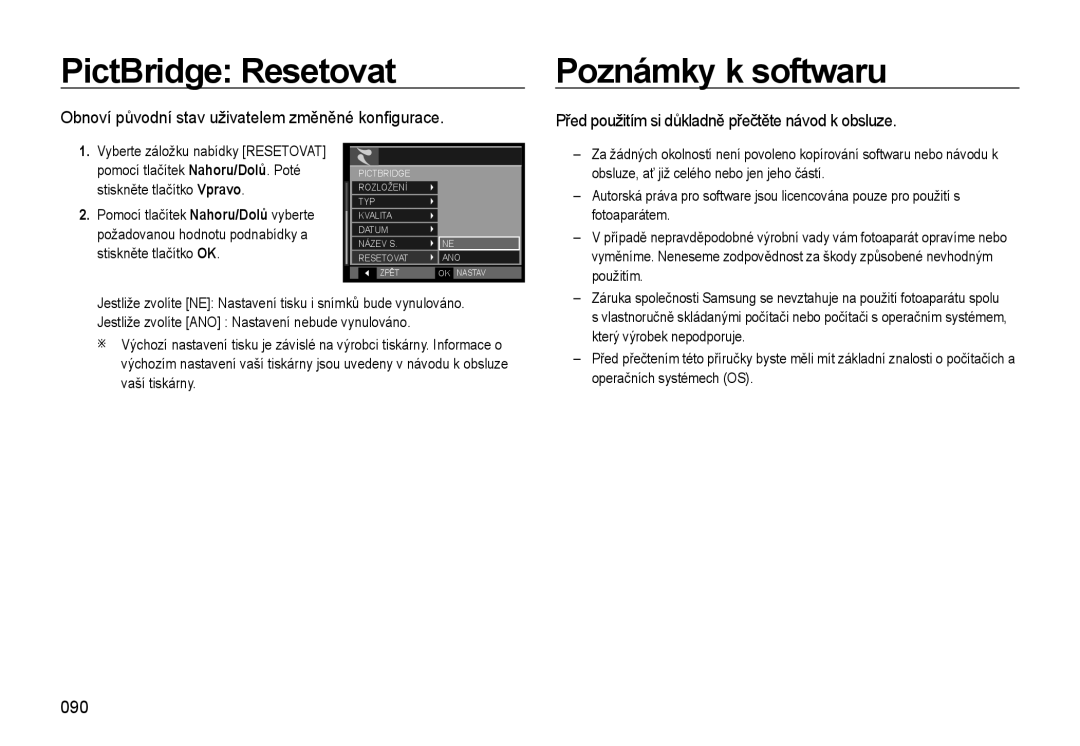 Samsung EC-WB500BBP/E3 PictBridge Resetovat, Poznámky k softwaru, Obnoví původní stav uživatelem změněné konﬁgurace, 090 