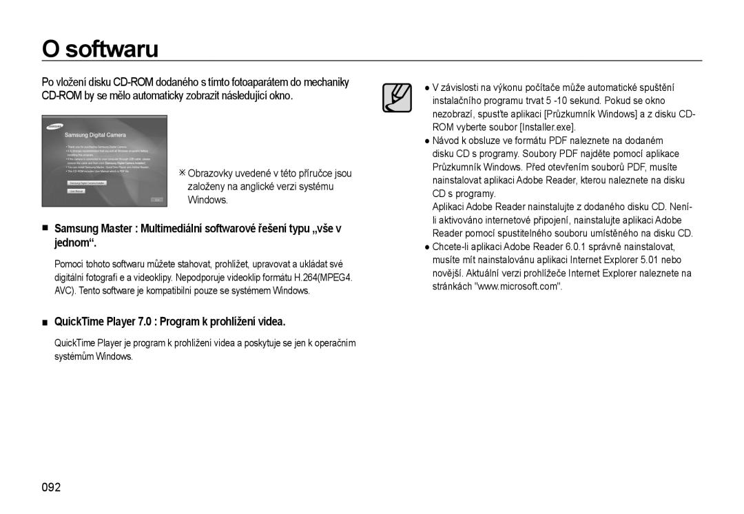 Samsung EC-WB500BBP/E3, EC-WB500ABP/E3 manual Softwaru, QuickTime Player 7.0 Program k prohlížení videa, 092 