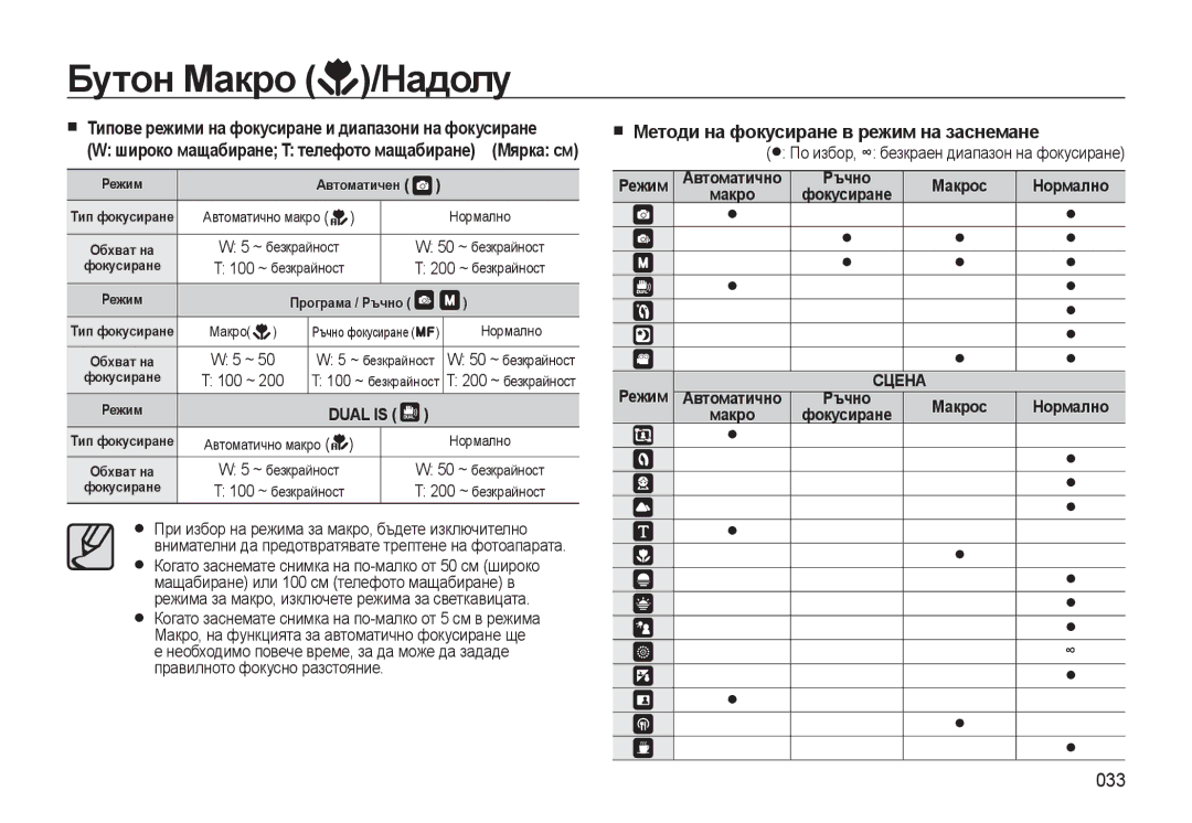 Samsung EC-WB500BBP/E3, EC-WB500ABP/E3, EC-WB500BBP/RU, EC-WB500BBA/E3 manual Методи на фокусиране в режим на заснемане, 033 