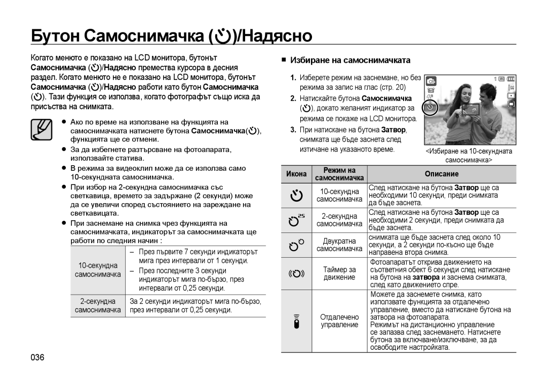 Samsung EC-WB500BBP/RU, EC-WB500ABP/E3, EC-WB500BBP/E3 Бутон Самоснимачка /Надясно, 036, Избиране на самоснимачката, Икона 