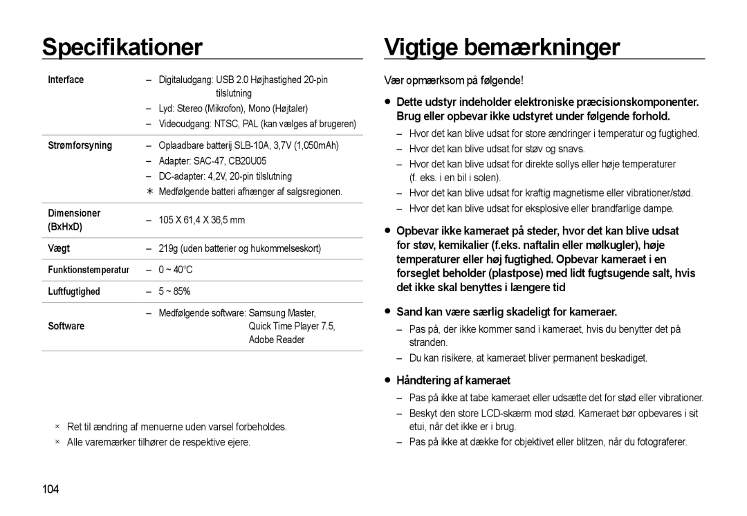 Samsung EC-WB500BBP/E2 Vigtige bemærkninger, Vær opmærksom på følgende, Sand kan være særlig skadeligt for kameraer, 104 