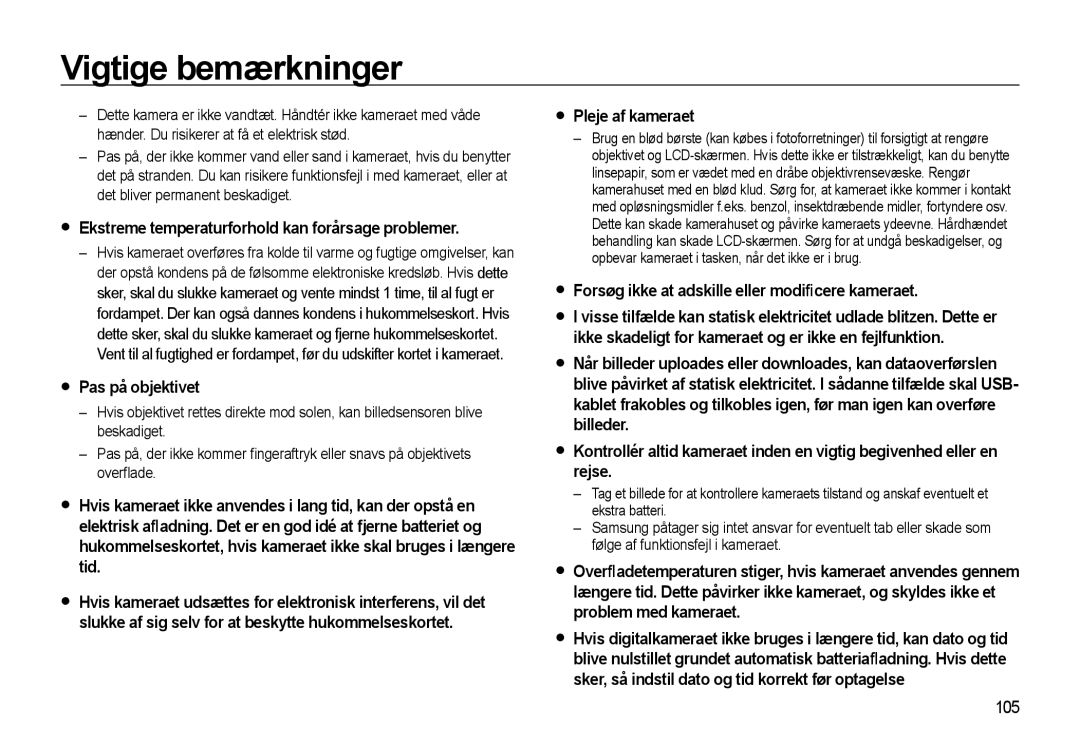 Samsung EC-WB500BBA/E2 manual Ekstreme temperaturforhold kan forårsage problemer, Pas på objektivet, Pleje af kameraet, 105 