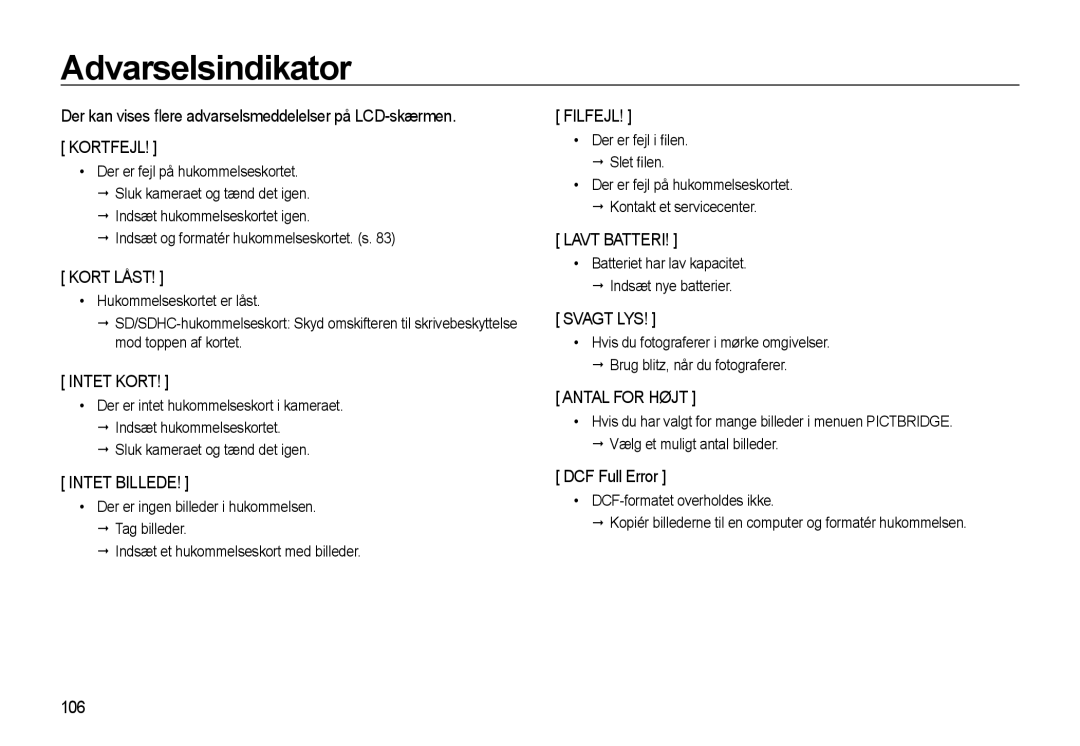 Samsung EC-WB500ABP/E2 manual DCF Full Error, 106, Indsæt og formatér hukommelseskortet. s, Sluk kameraet og tænd det igen 