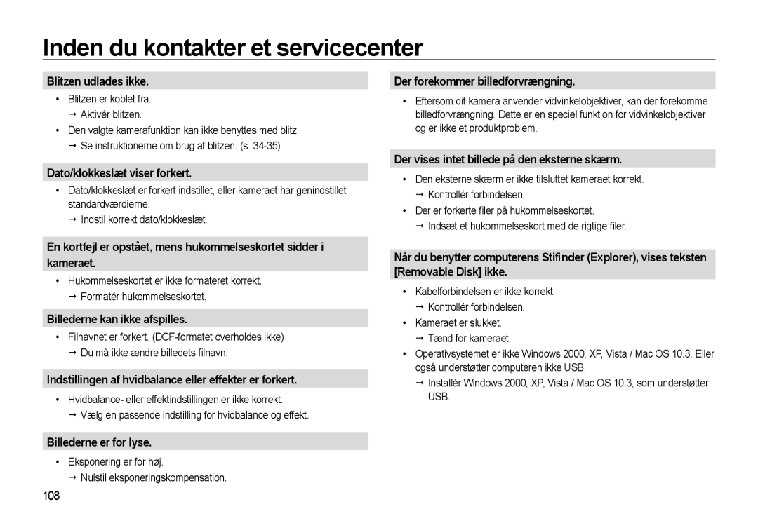 Samsung EC-WB500BBA/E2 manual Blitzen udlades ikke, Dato/klokkeslæt viser forkert, Kameraet, Billederne kan ikke afspilles 