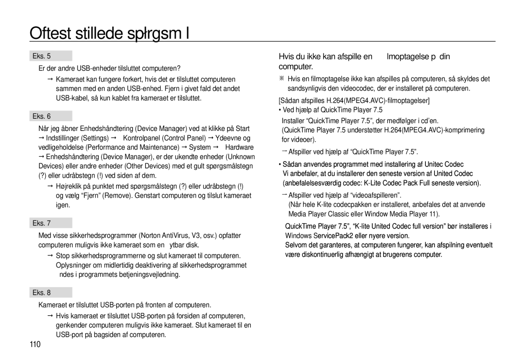 Samsung EC-WB500BBP/E2, EC-WB500BBA/E2, EC-WB500ABP/E2 manual Hvis du ikke kan afspille en ﬁlmoptagelse på din computer, 110 