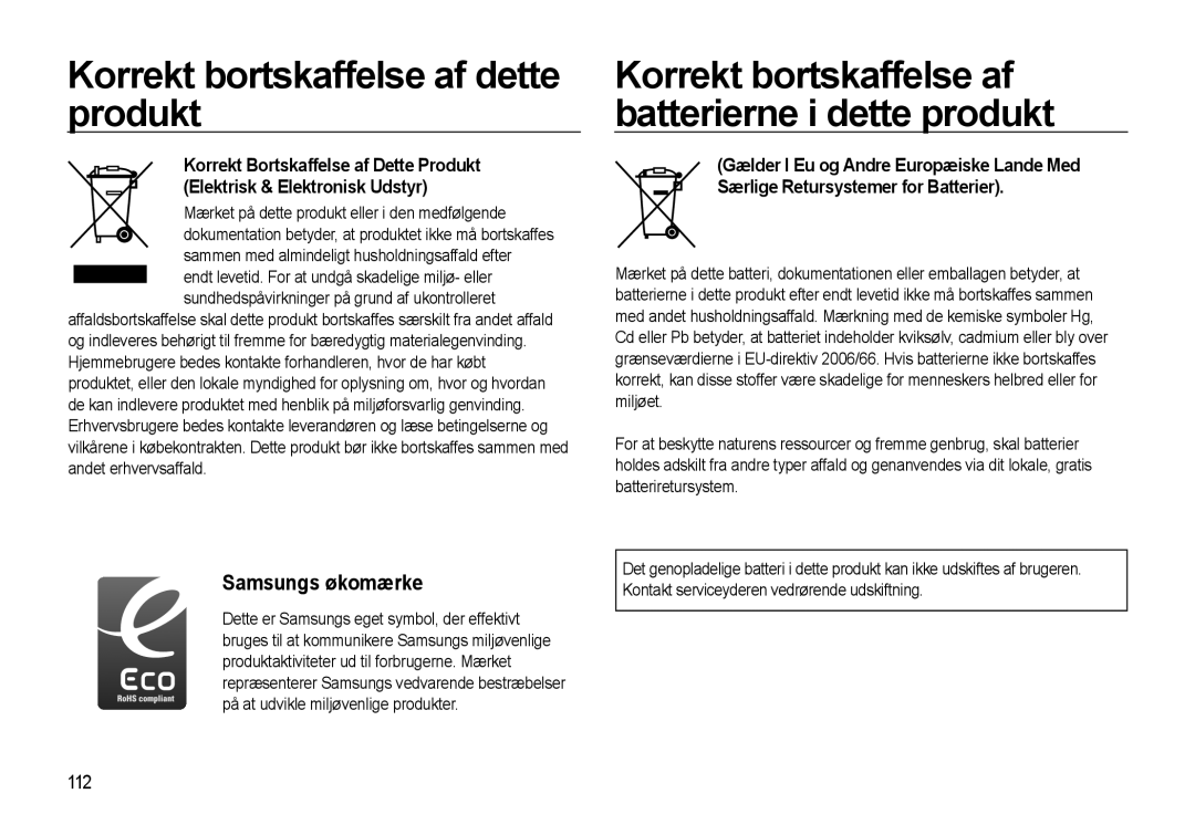 Samsung EC-WB500ABP/E2 manual Korrekt bortskaffelse af dette produkt, 112, Mærket på dette produkt eller i den medfølgende 