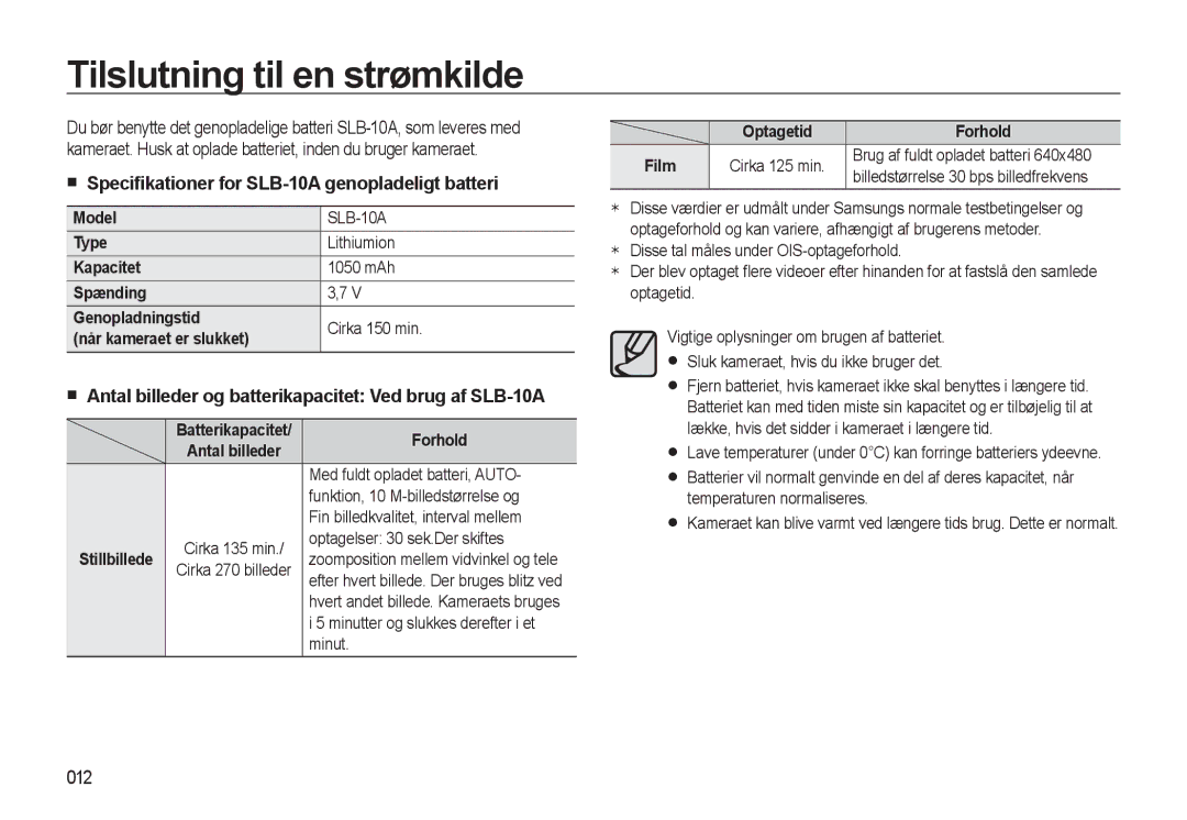 Samsung EC-WB500BBA/E2 manual Tilslutning til en strømkilde, Speciﬁkationer for SLB-10A genopladeligt batteri, 012 