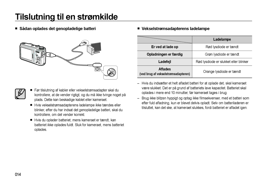 Samsung EC-WB500BBP/E2 manual Sådan oplades det genopladelige batteri, Vekselstrømsadapterens ladelampe, 014, Ladelampe 