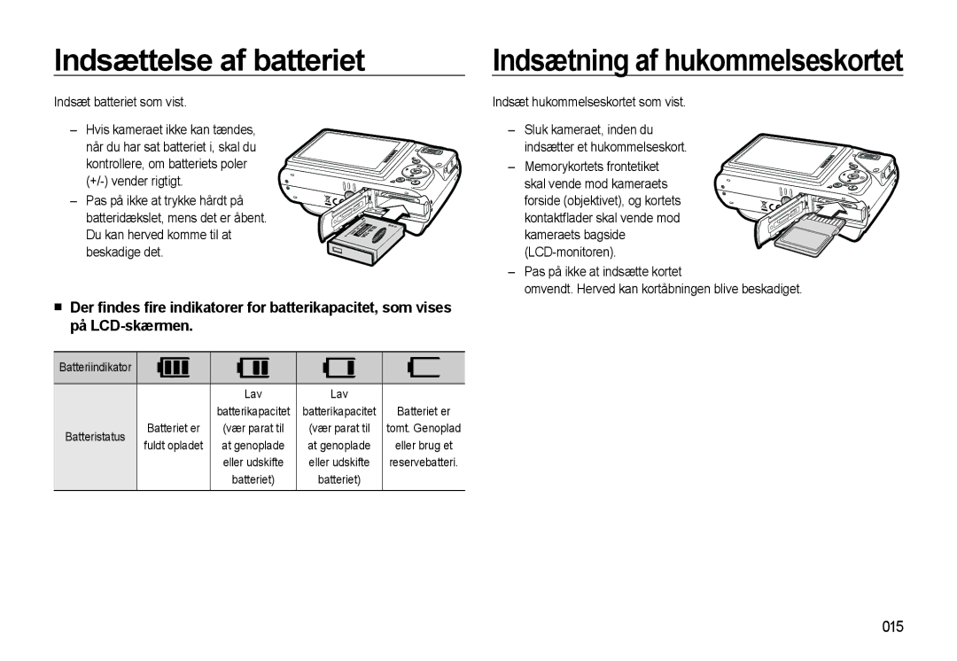 Samsung EC-WB500BBA/E2 manual Indsættelse af batteriet, 015, Indsæt batteriet som vist, Indsæt hukommelseskortet som vist 