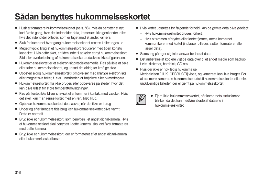 Samsung EC-WB500ABP/E2, EC-WB500BBP/E2, EC-WB500BBA/E2 manual Sådan benyttes hukommelseskortet, 016 