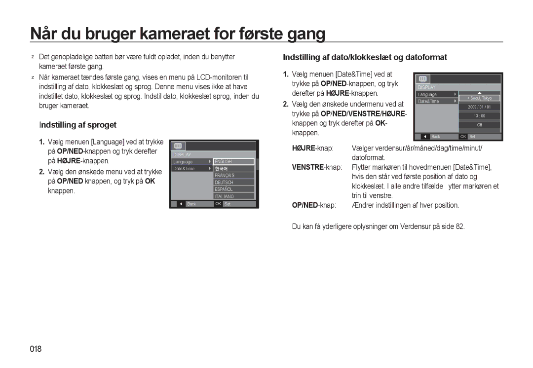 Samsung EC-WB500BBA/E2 manual Når du bruger kameraet for første gang, Indstilling af dato/klokkeslæt og datoformat, 018 