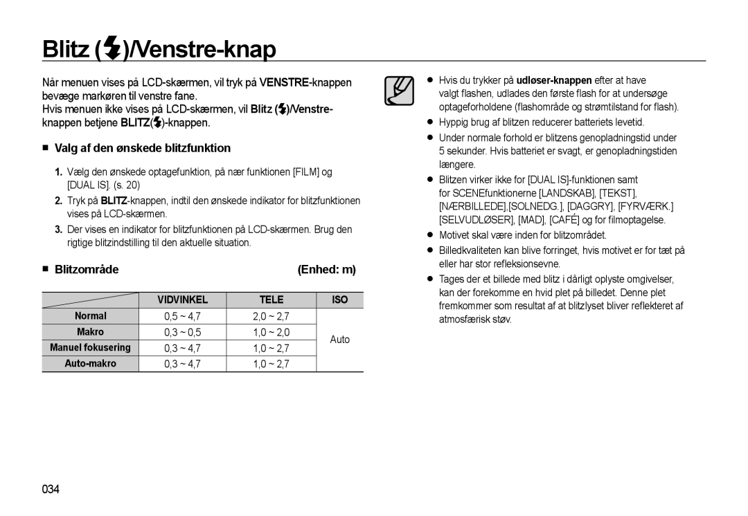 Samsung EC-WB500ABP/E2, EC-WB500BBP/E2 manual Blitz /Venstre-knap, Valg af den ønskede blitzfunktion, Blitzområde, 034 