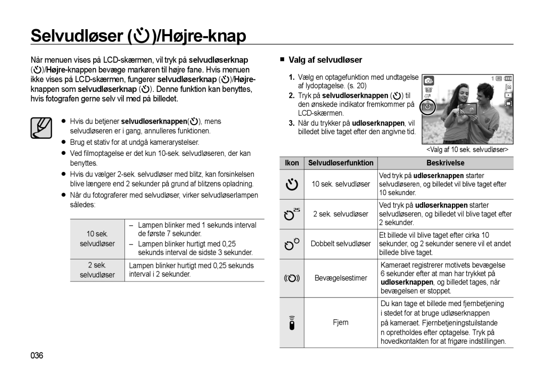 Samsung EC-WB500BBA/E2, EC-WB500BBP/E2, EC-WB500ABP/E2 manual Selvudløser /Højre-knap, Valg af selvudløser, 036, Ikon 