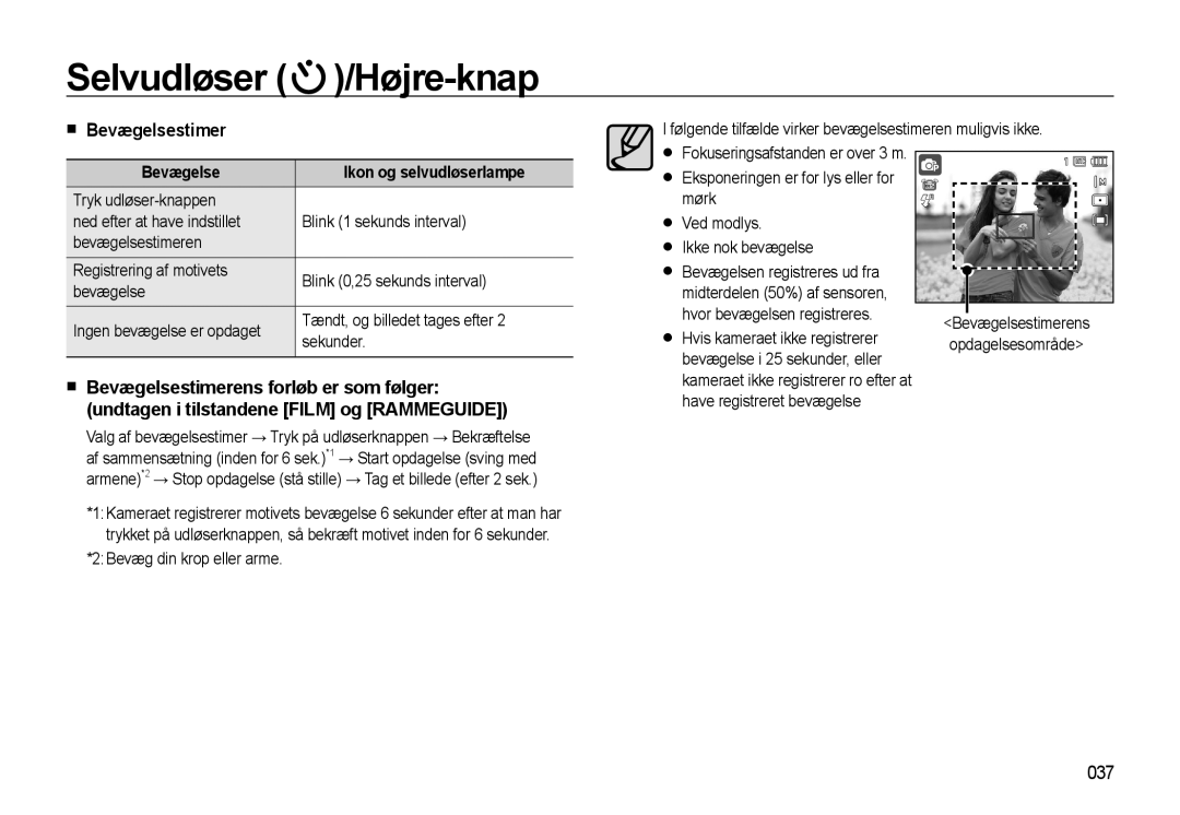 Samsung EC-WB500ABP/E2, EC-WB500BBP/E2 manual Bevægelsestimer, 037, Følgende tilfælde virker bevægelsestimeren muligvis ikke 