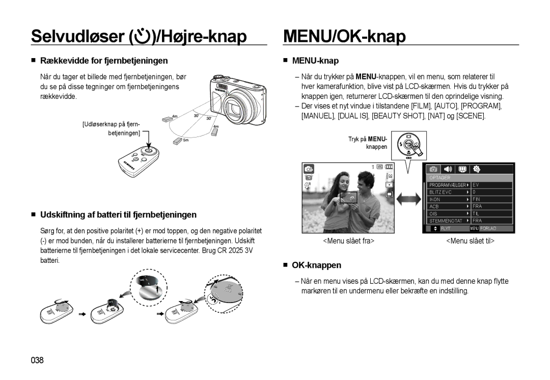 Samsung EC-WB500BBP/E2, EC-WB500BBA/E2, EC-WB500ABP/E2 MENU/OK-knap, Rækkevidde for fjernbetjeningen, MENU-knap, OK-knappen 